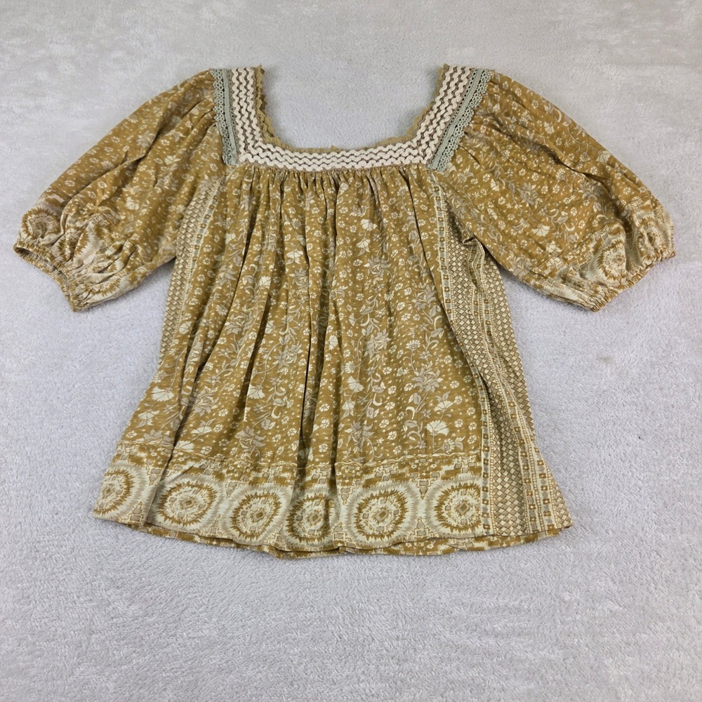 Rachel Zoe Mustard Yellow Floral Crochet Trim Puff Sleeve Peasant Blouse Size M - Picture 1 of 6